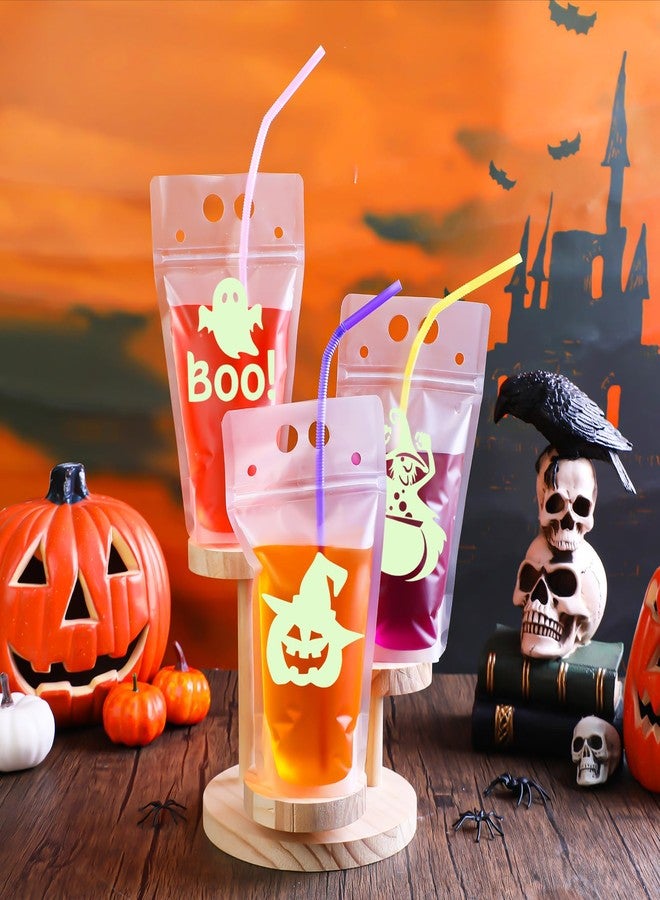 Hotop 36 Pcs Glow In The Dark Halloween Drink Pouches Luminous Beverage Drink Bags with 50 Pcs Straws Spooky Party Decorations Skeleon Ghosts Pumpkin Cups for Halloween Adults Party Favors Accessories - Image 1